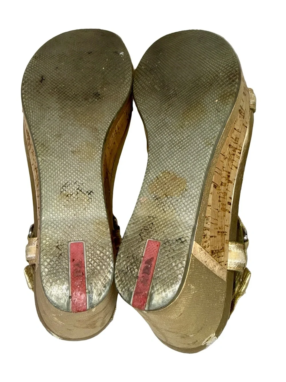 PRADA GOLD WEDGE SANDALS WITH CORK PLATFORMS